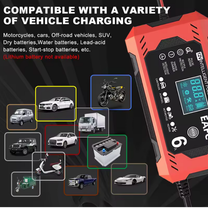 شاحن بطارية سيارة ذكي 12V/24V - شاشة LCD & حماية تلقائية
